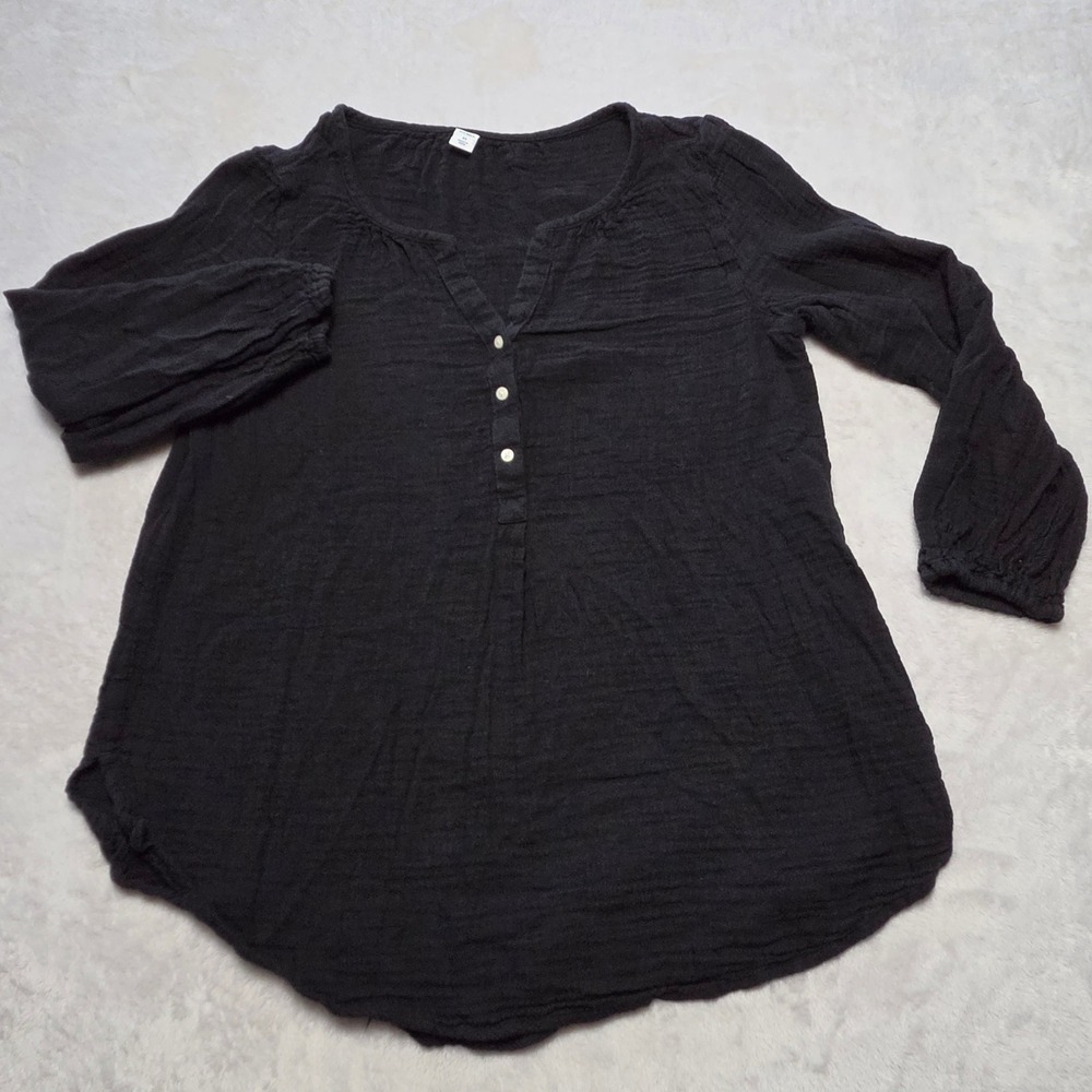 Old Navy Women Black Cotton Double Gauze Popover Blouse XS Coastal Boho Top